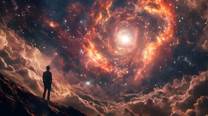 Fototapeta premium Cosmic Realm Solitary Stargazer at Majestic Celestial Phenomena