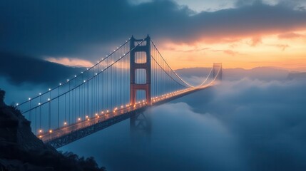 Obraz premium majestic suspension bridge stretching across a canyon lowangle view dramatic clouds golden hour light engineering marvel