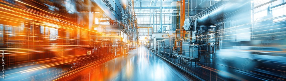 Poster dynamic industrial setting with blurred motion, showcasing modern architecture and technology in a v
