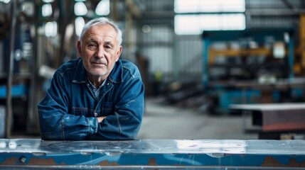 An older man in work clothes, with silver hair and a beard, leans against a metal surface in an industrial workshop, conveying strength and experience.