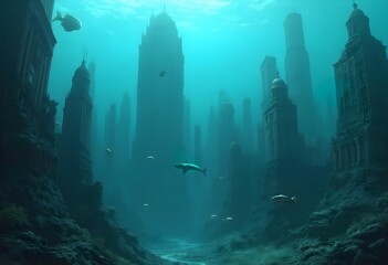 Surreal Underwater Cityscape with Marine Life Amongst Submerged Buildings