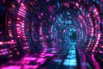 Fototapeta premium Glowing Quantum Tunnel Network Holographic Data Streams and Enigmatic Cipher Symbols Illuminating a