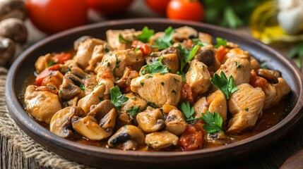 Fototapeta premium Bulgarian national cuisine: Chicken with mushrooms in a hunting style.