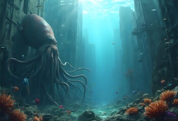 Giant Squid in Submerged Underwater City with Vibrant Marine Life