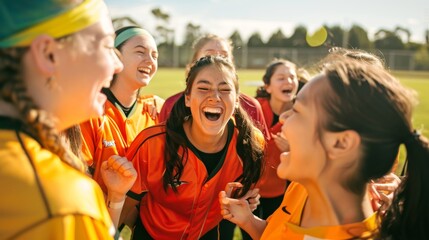 Obraz premium Energetic young women in bright sports jerseys huddle and cheer on the field, epitomizing team spirit, enthusiasm, and unity in a moment of celebration.
