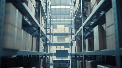An expansive warehouse with towering shelves stacked with boxes, captured in a soft, diffused light, symbolizing modern logistics and organized storage solutions.