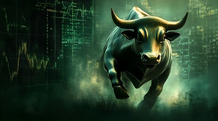Surging Bull Statue Charging Through Vibrant Green Market Backdrop with Dynamic Financial Data