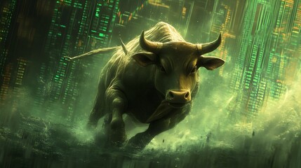Surging Bull Statue Charges Through Vibrant Green Market Backdrop with Dynamic Financial Charts