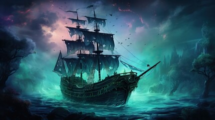 A mystical pirate ship sailing through foggy waters under a dramatic night sky, creating an enchanting and adventurous atmosphere.