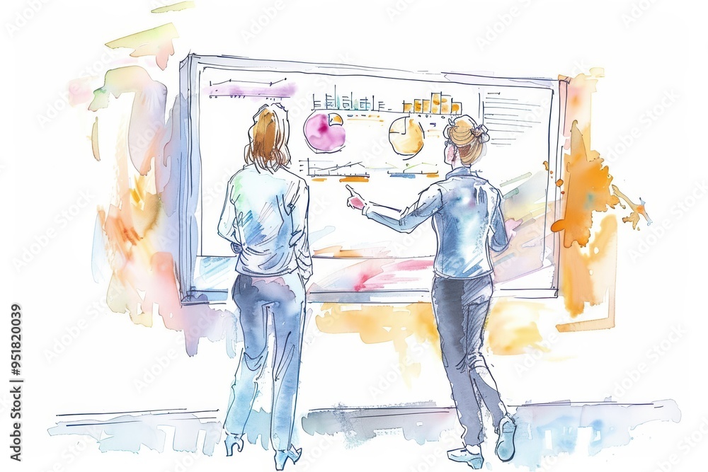 Aufkleber two professionals analyzing data on a digital screen, showcasing charts and graphs in a collaborativ