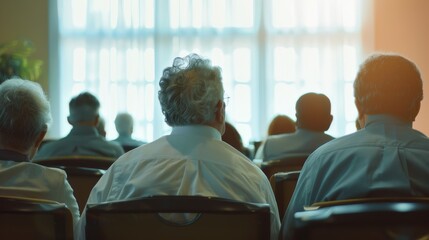Obraz premium Attendees seated in rows, illuminated by soft sunlight streaming through large windows, create a serene ambiance for the conference.