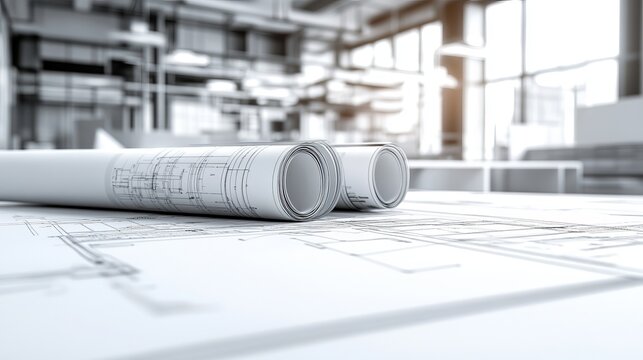 Architectural blueprints rolled on design table in a modern office setting