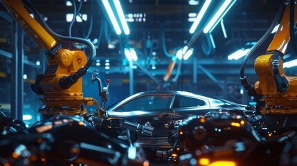 A sleek car is assembled by robotic arms under cool, blue factory lights, showcasing advanced technology's precision and efficiency in modern manufacturing.