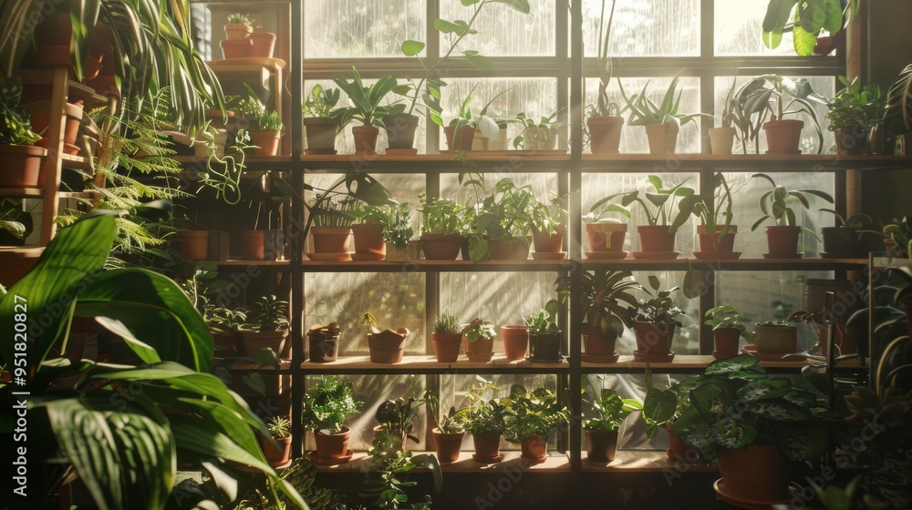 Canvas Prints Sunlight filters through a wall of potted plants on wooden shelves, creating a serene, green oasis indoors.