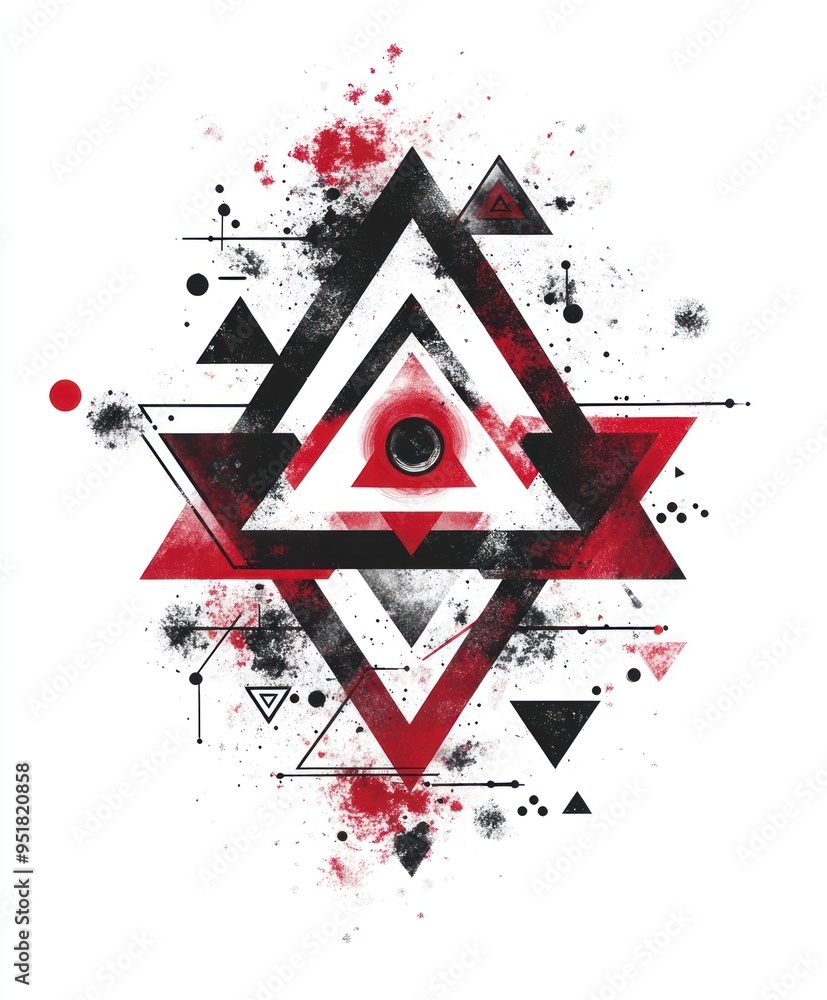 Wall mural Abstract geometric design featuring red, black, and white triangles with splashes and lines.