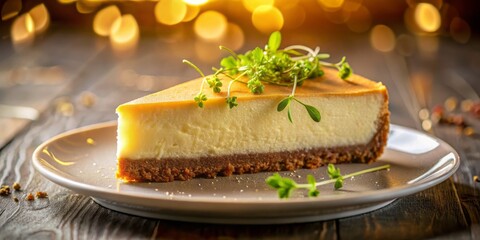 A stunning slice of cheesecake, set against a warm golden light with a subtle gradient, exudes sumptuousness as microgreens add a pop of color and texture.