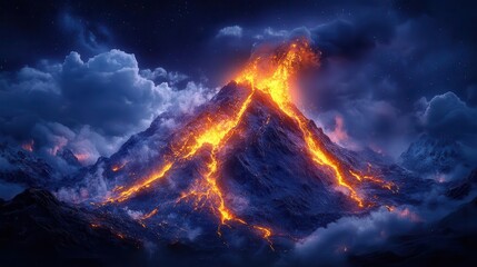 Fototapeta premium majestic volcano eruption against starry night sky vibrant lava flow billowing ash cloud dramatic lighting from molten rock isolated on dark background