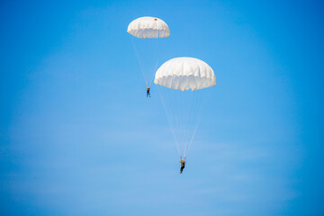 Skydiving. Flying parachutists against the background of the blue sky and mountains. Extreme sport...
