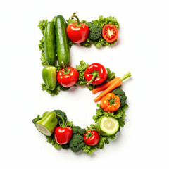Vegetable number 5, Letters made from fresh vegetables. Generative AI
