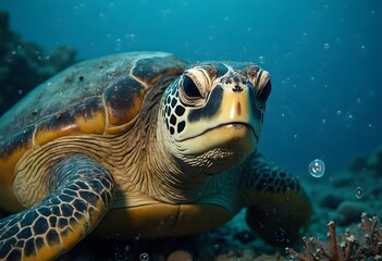 Obraz premium Close-Up of a Sea Turtle Swimming Gracefully Underwater