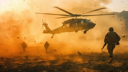 A dramatic scene with soldiers running towards a helicopter amidst a cloud of dust and debris, creating a sense of urgency and chaos.