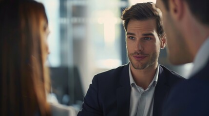 Professional businessman in his thirties discussing with a female colleague during an office meeting, showcasing collaboration and communication in modern business environment