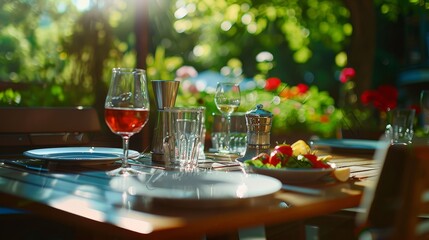 A sun-dappled outdoor table set for a meal exudes warmth and invitation, with fresh ingredients and a lush garden in the background.