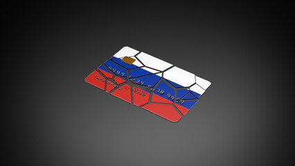 Broken Russian credit card default debt bankruptcy crisis symbol illustration on dark background, financial and political crisis. Russian Ukrainian crisis