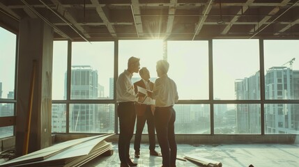 Fototapeta premium Three business professionals stand in a sunlit, unfinished office space, engaged in discussion, symbolizing collaboration and future plans.