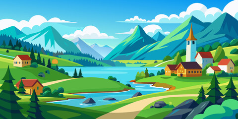 Nature Cartoon Scenery Summertime. Panoramic Rural Countryside by River with Clear Sky in the Morning. Spring Landscape at Village by The Lake with Green Fields, Mountain, Blue Sky and Clouds. 