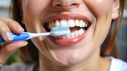 Closeup on happy young woman brushing teeth