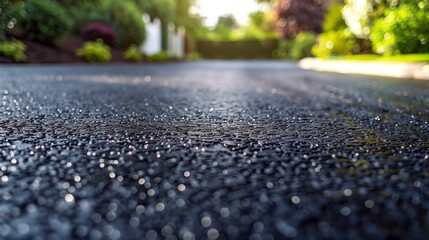 A wet road with raindrops on it