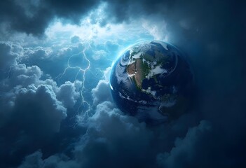Obraz premium Dramatic Earth from Space Surrounded by Storm Clouds and Lightning