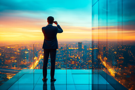Businessman looking at cityscape through binoculars at sunset from a high-rise building. Ai generative.