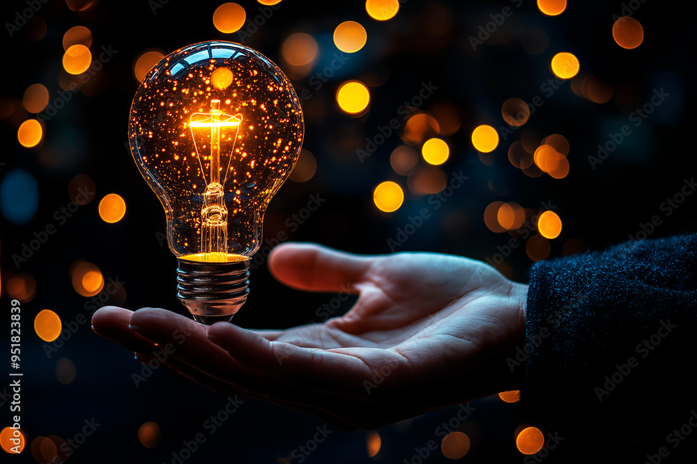 Poster hand holding glowing lightbulb with bokeh lights in the background, symbolizing creativity and innov