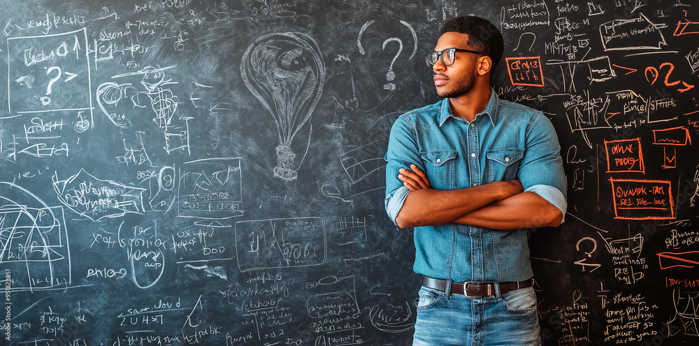 Aufkleber Man standing in front of a chalkboard with various drawings and formulas.
