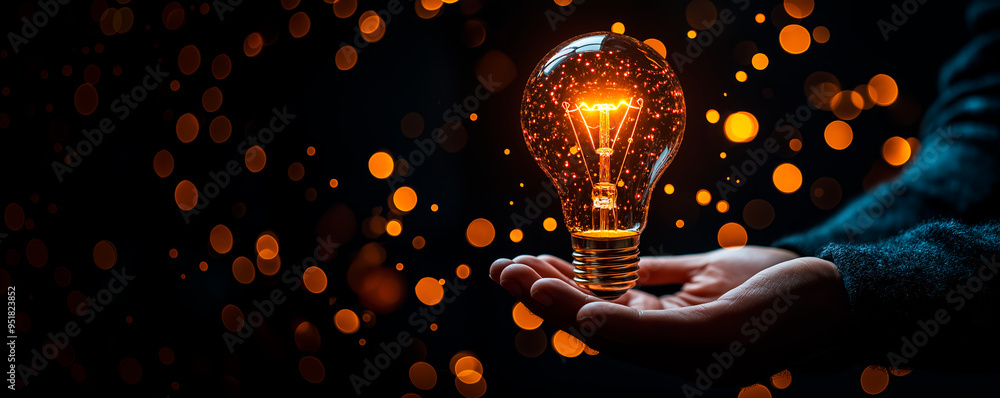 Poster hand holding illuminated lightbulb with bokeh effect on dark background.
