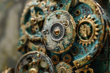 Intricate clockwork mechanism with gold and turquoise patina