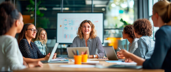 Business team brainstorming in a modern office during a meeting.