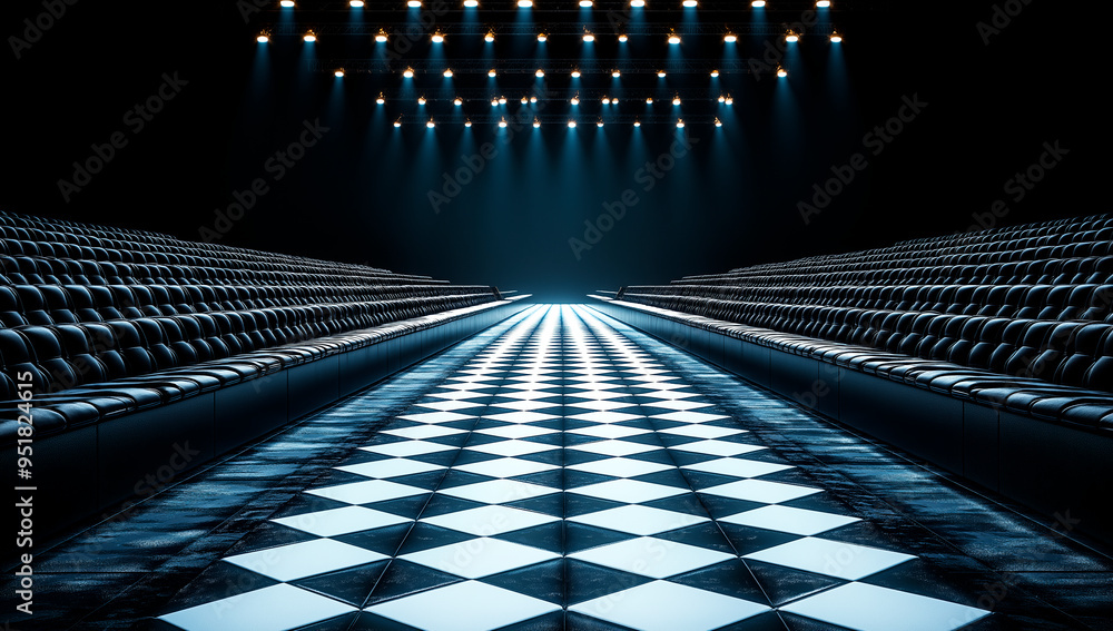 Poster Empty runway with checkerboard floor and blue lights in a dark auditorium.