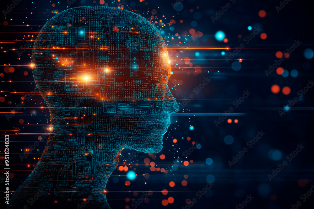 Poster Digital human head silhouette with glowing data patterns on dark tech background. Ai generative.