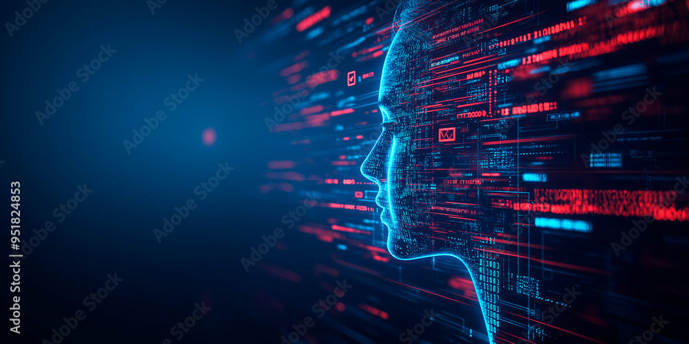 Poster Digital profile of a human face made of blue code lines on a dark background with red digital data. Ai generative.