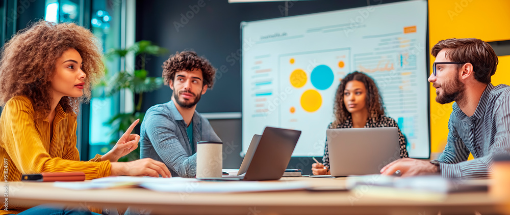 Poster team collaborating in a modern office, discussing ideas around a table with laptops and charts on a 