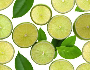 Fototapeta premium Lime fruits with slices and green leaves isolated on white background. Top view. Flat lay. Ai generated image