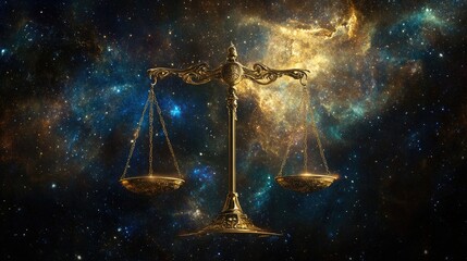 Libra zodiac sign shining amidst a sea of stars and nebulas, representing the equilibrium of the universe in space.