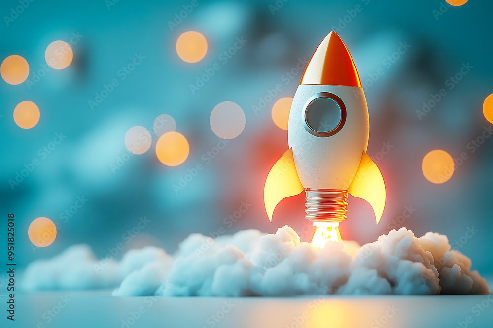 Aufkleber Rocket Light Bulb in Cloudy Background with Abstract Bokeh Lights.