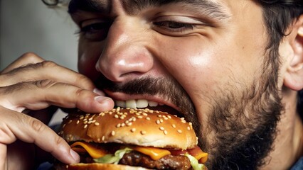 A close up portrait of a man bites his big burger deliciously