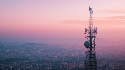 Obraz premium A communication tower stands tall against a serene, pastel-colored sunset skyline, symbolizing connectivity in an expanding urban landscape.