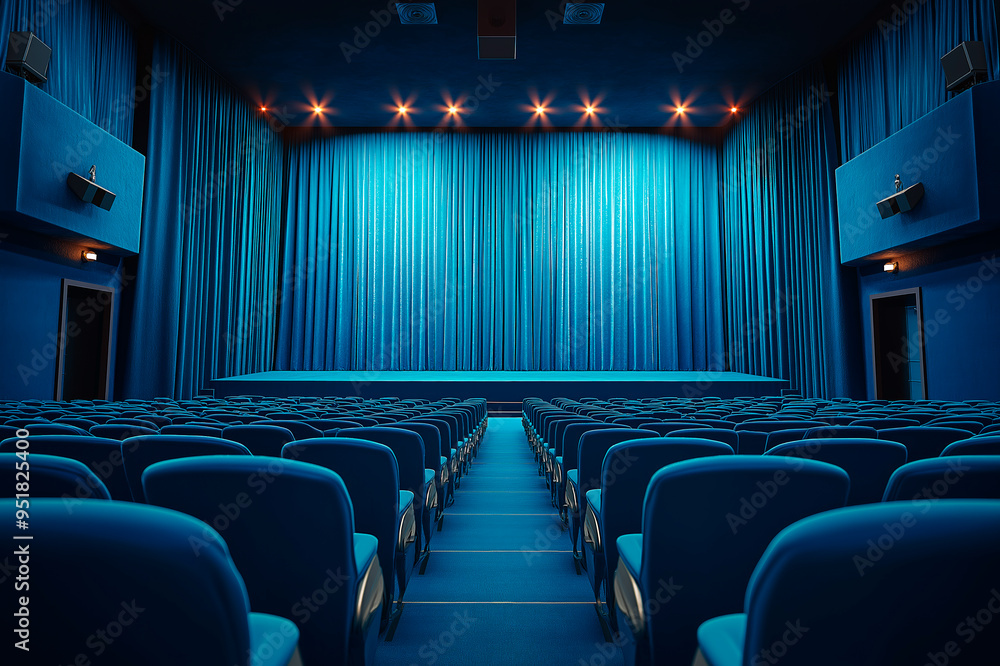 Poster Empty blue theater hall with rows of seats and stage with closed curtains. Ai generative.
