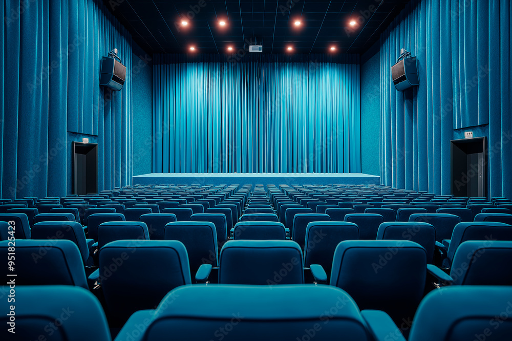 Poster empty theater with rows of blue seats facing a stage with closed blue curtains.